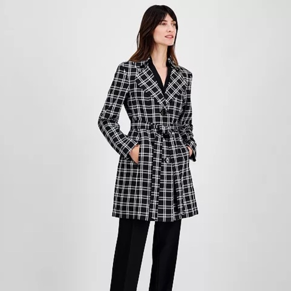 LE SUIT TRENCH-STYLE ELONGATED BELTED 90’S B&W PLAID JACKET SHOULDER PADS LINED - Picture 3 of 16